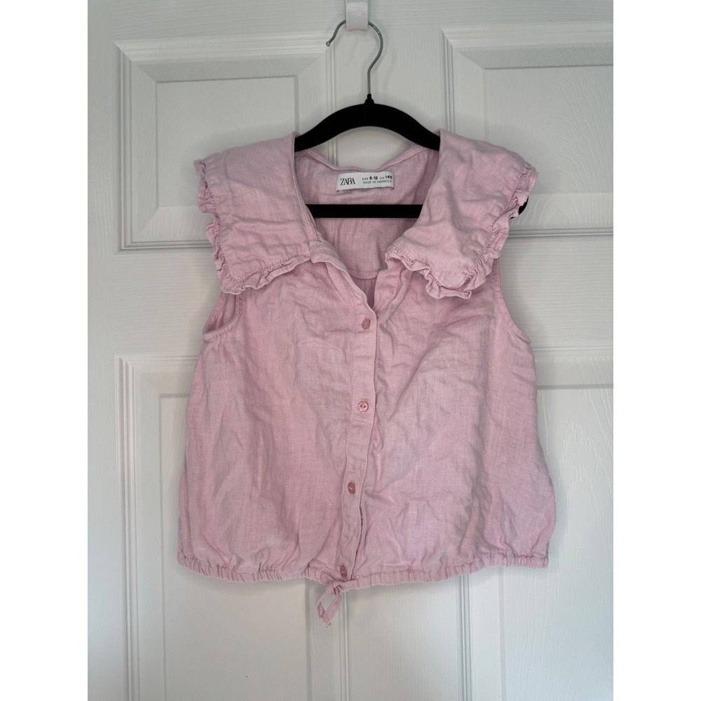 Zara Girls Pink Linen Blend Ruffle Collar Sleeveless Blouse Size 9-10 140cm